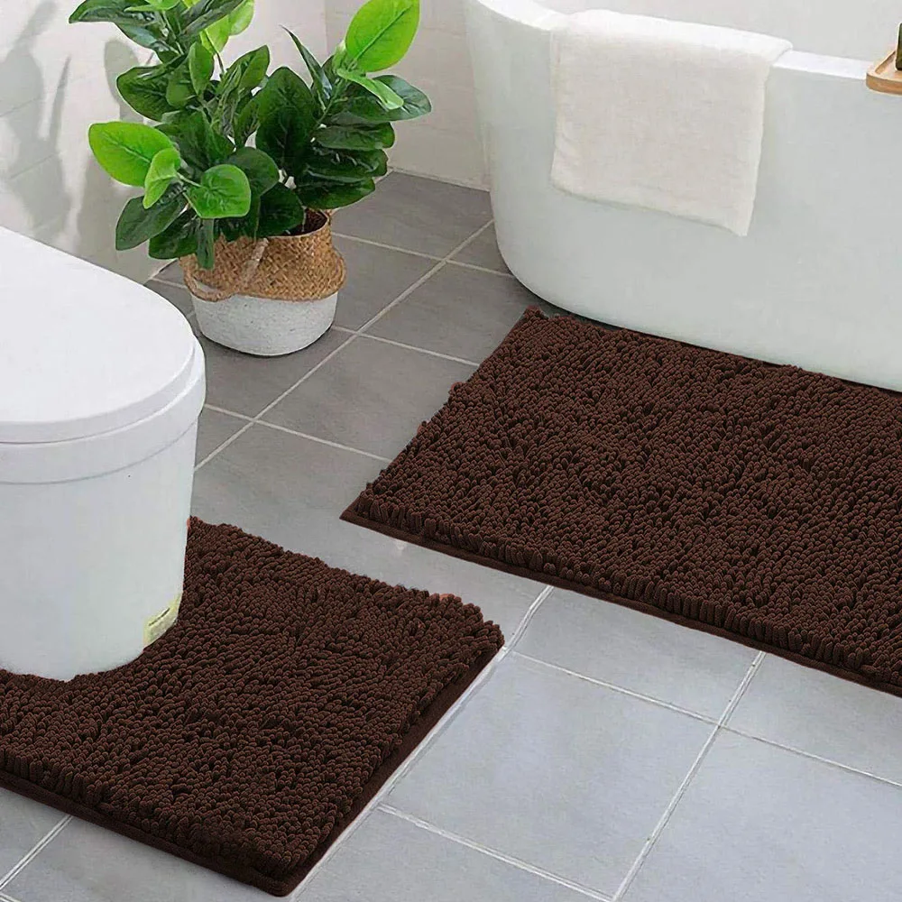 2 PCs Microfiber Anti Slip Commode Mat Set-14646-Coffee Brown - Image 2