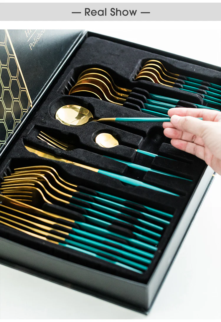 Green/Golden (4406)-24 PCs Premium Steel Cutlery Set - Image 3