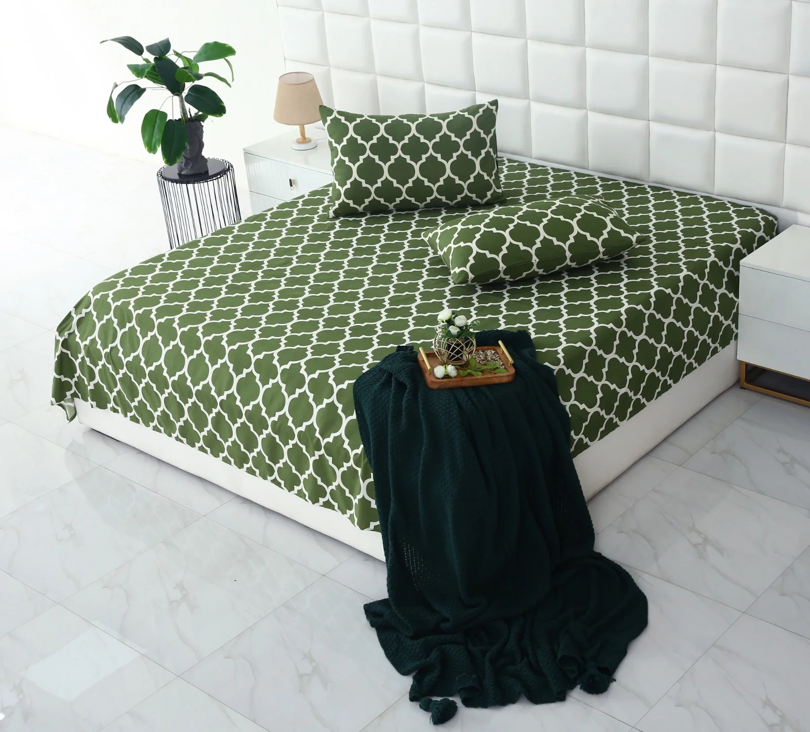 3 PCs Bed Sheet-Olive Geometric - Image 7