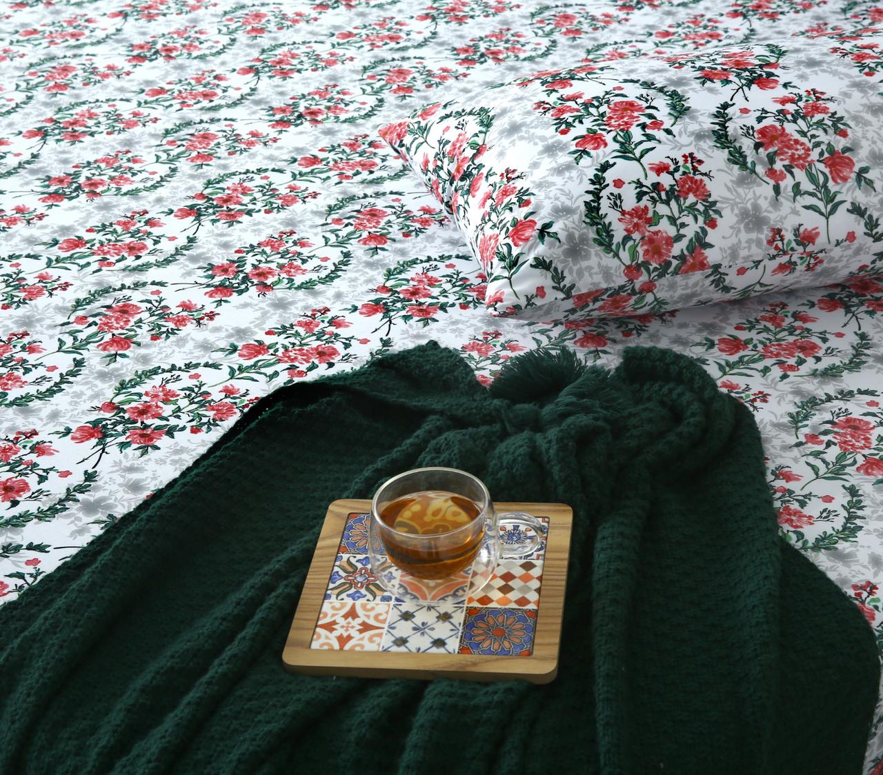 3 PCs Double Bed Sheet-Emerald Blooms - Image 2
