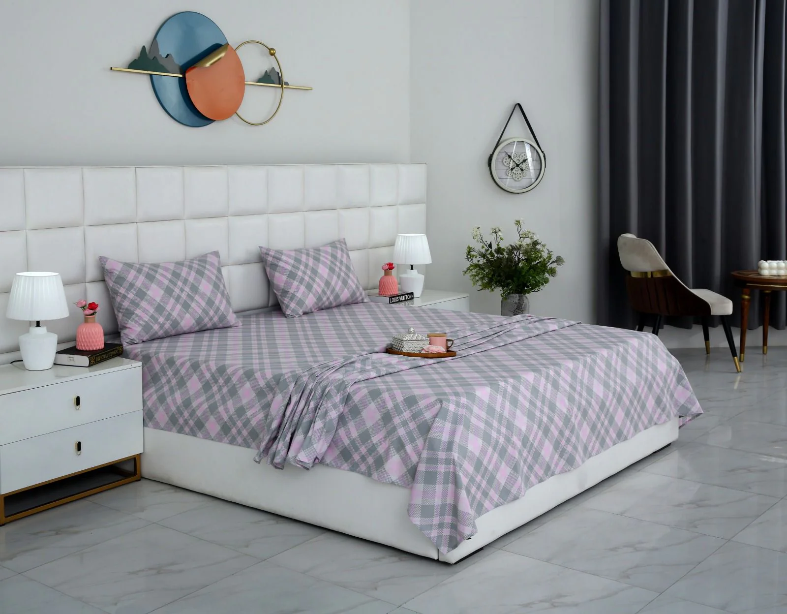 3 PCs Double Bed Sheet With Same Packing-Lilac Check - Image 3