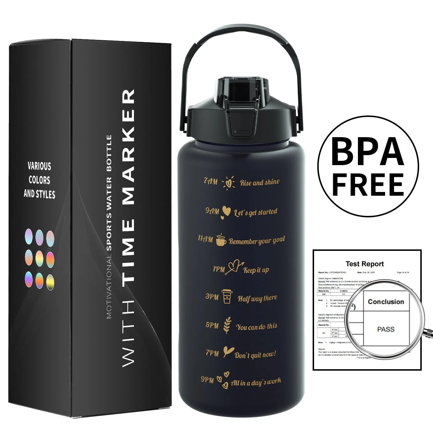3PCS Water Bottle with Two Straws-5575Black Matte - Image 12
