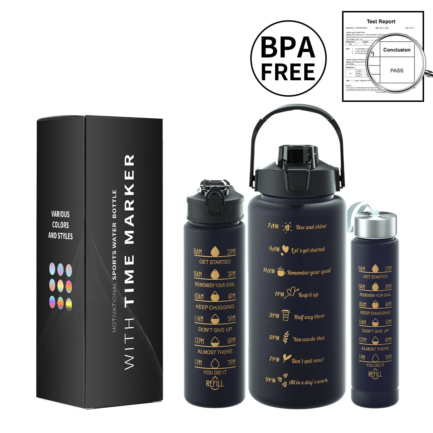 3PCS Water Bottle with Two Straws-5575Black Matte - Image 13