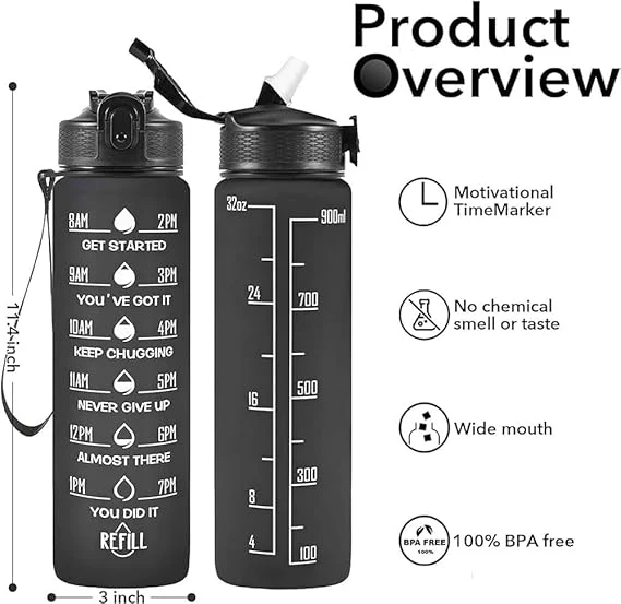 3PCS Water Bottle with Two Straws-5575Black Matte - Image 19