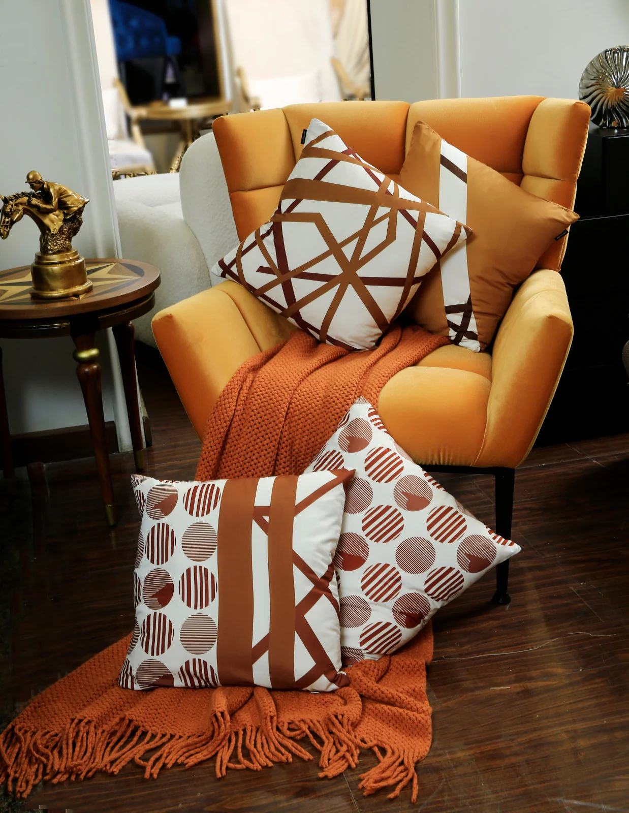4 PCs Digital Printed Cotton Cushions-Brown Geometric - Image 2