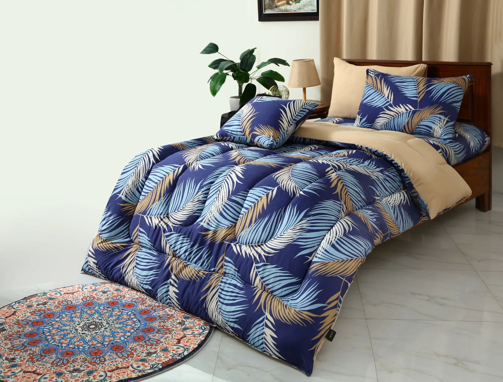 5 PCs Single Razai Set-Blue Feathers - Image 2