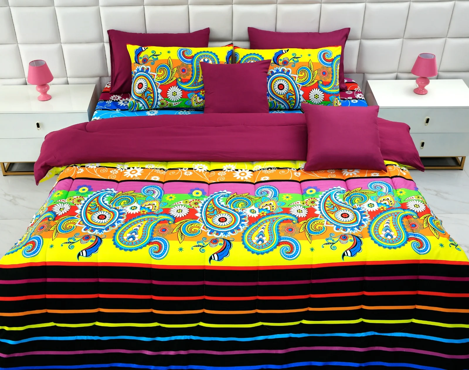 5 PCs Single Comforter Set-Multi Flower (Plum Reverse) - Image 12