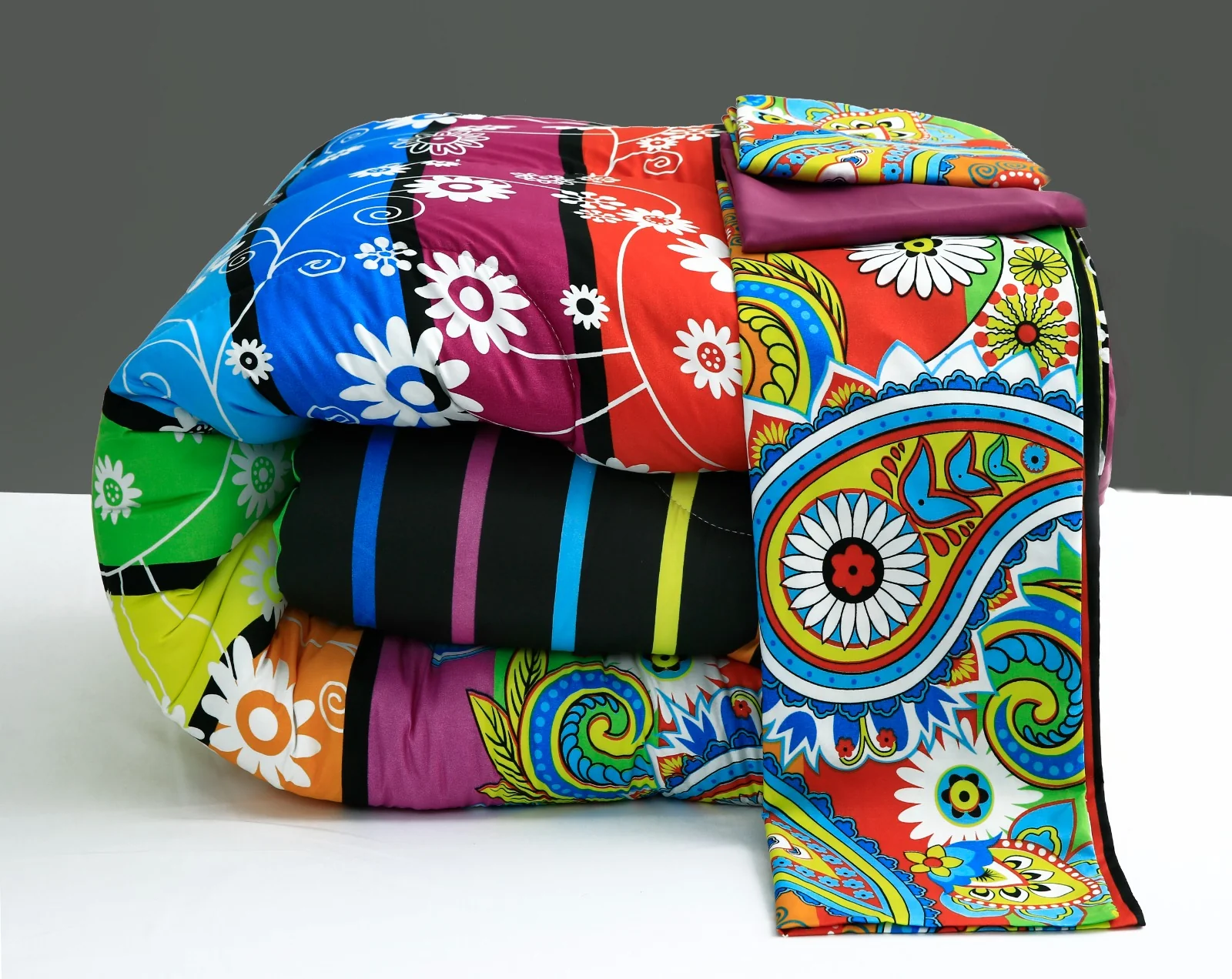 5 PCs Single Comforter Set-Multi Flower (Plum Reverse) - Image 3