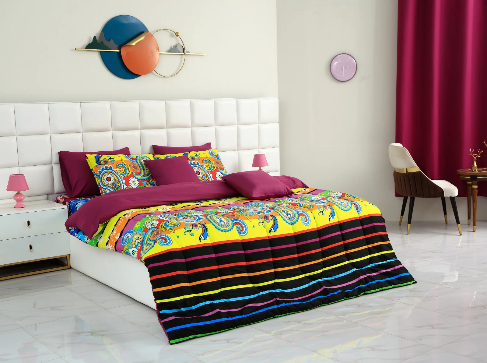5 PCs Single Comforter Set-Multi Flower (Plum Reverse) - Image 9