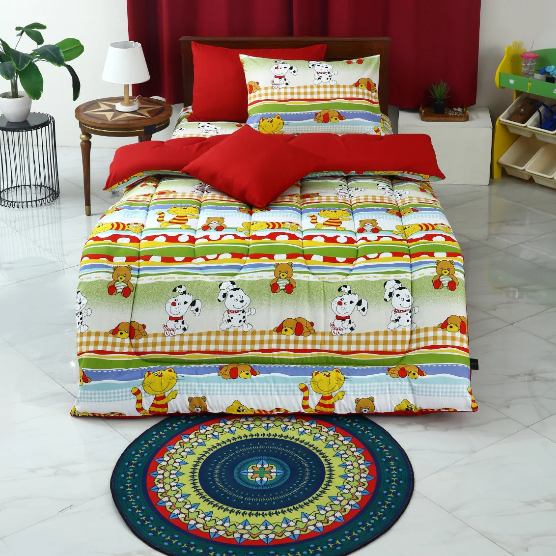 5 PCs Single Razai Set-Puppies Party(With Red Reverse)
