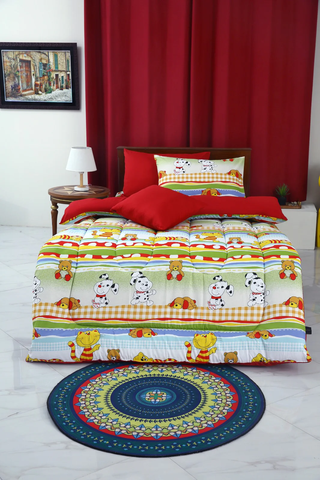 5 PCs Single Razai Set-Puppies Party(With Red Reverse) - Image 4