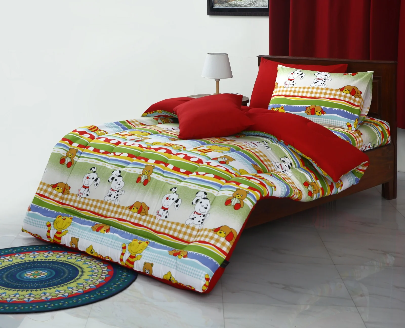 5 PCs Single Razai Set-Puppies Party(With Red Reverse) - Image 7
