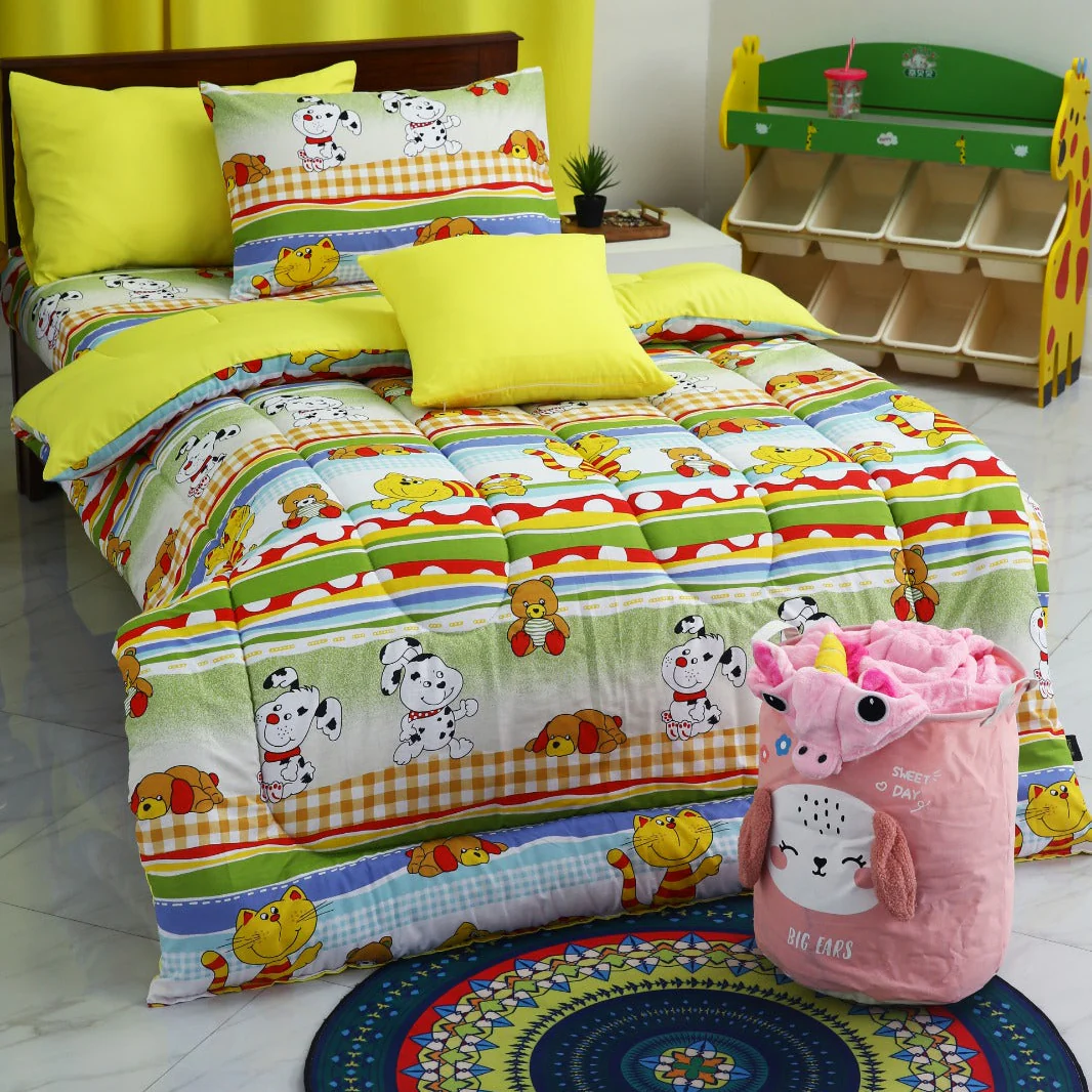 5 PCs Single Razai Set-Puppies Party(With Yellow Reverse)