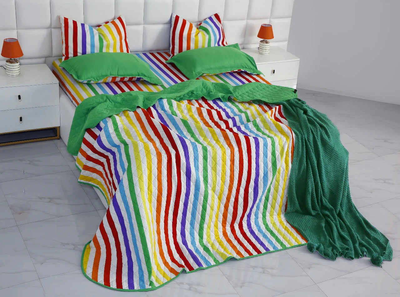 6 PCs Bed Spread Set-Multi Stripe(Parrot) - Image 3