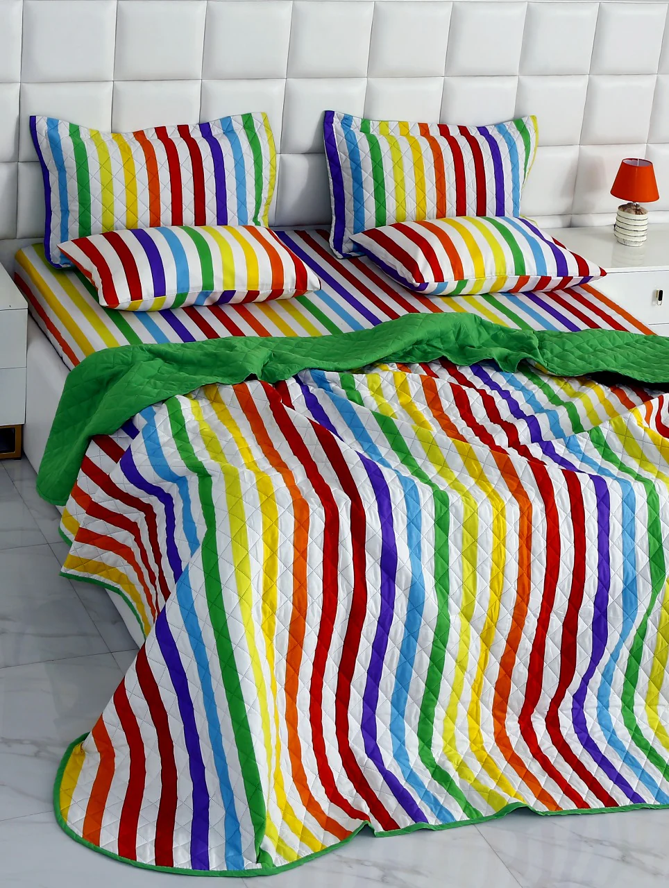 6 PCs Bed Spread Set-Multi Stripe(Parrot) - Image 4