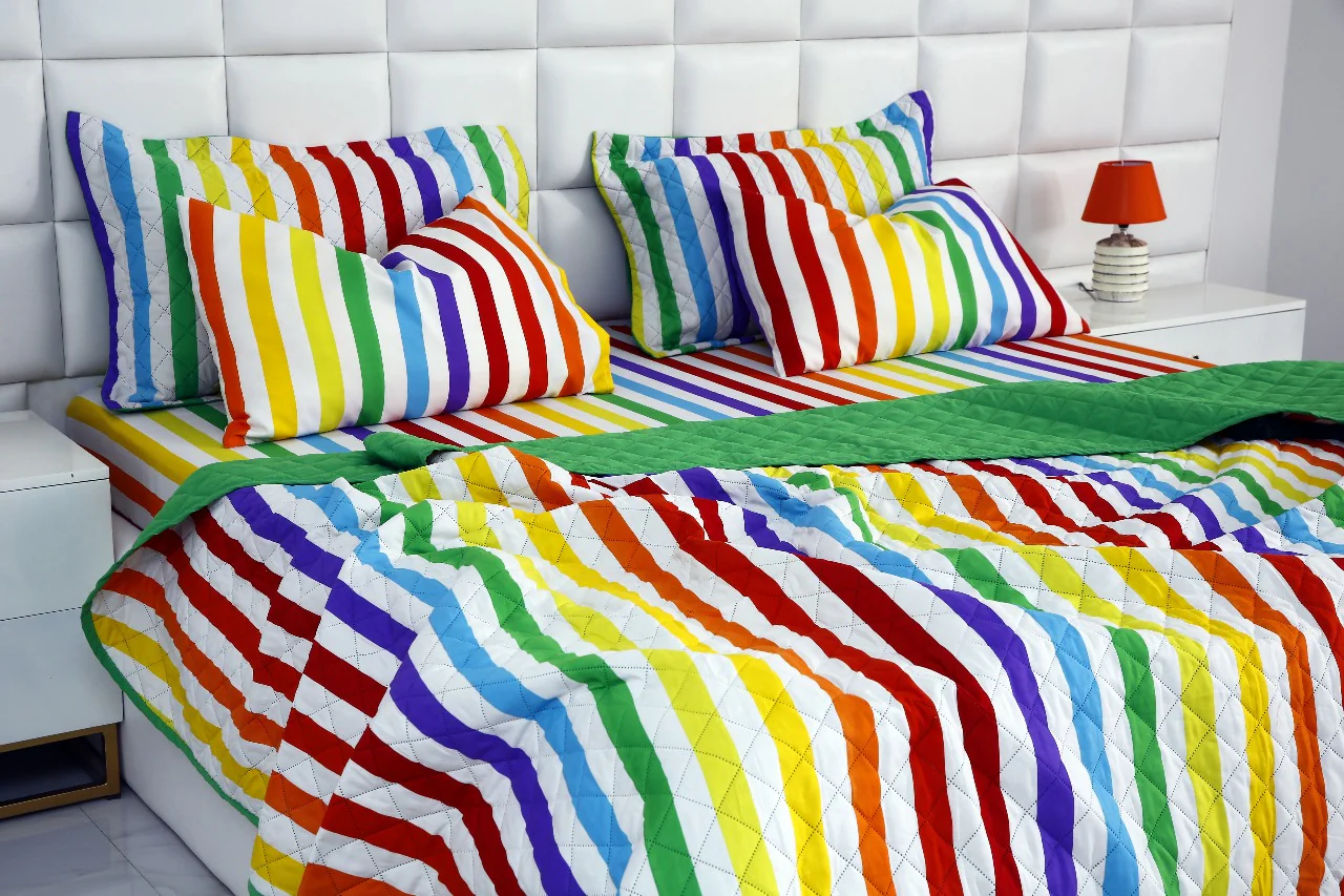 6 PCs Bed Spread Set-Multi Stripe(Parrot) - Image 5