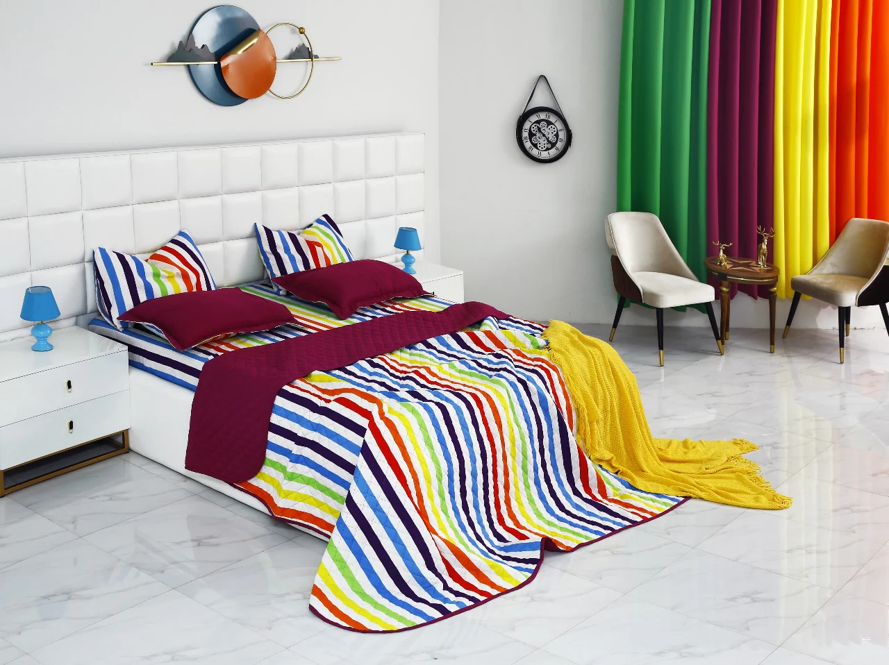 6 PCs Bed Spread Set-Multi Stripe(Plum) - Image 4