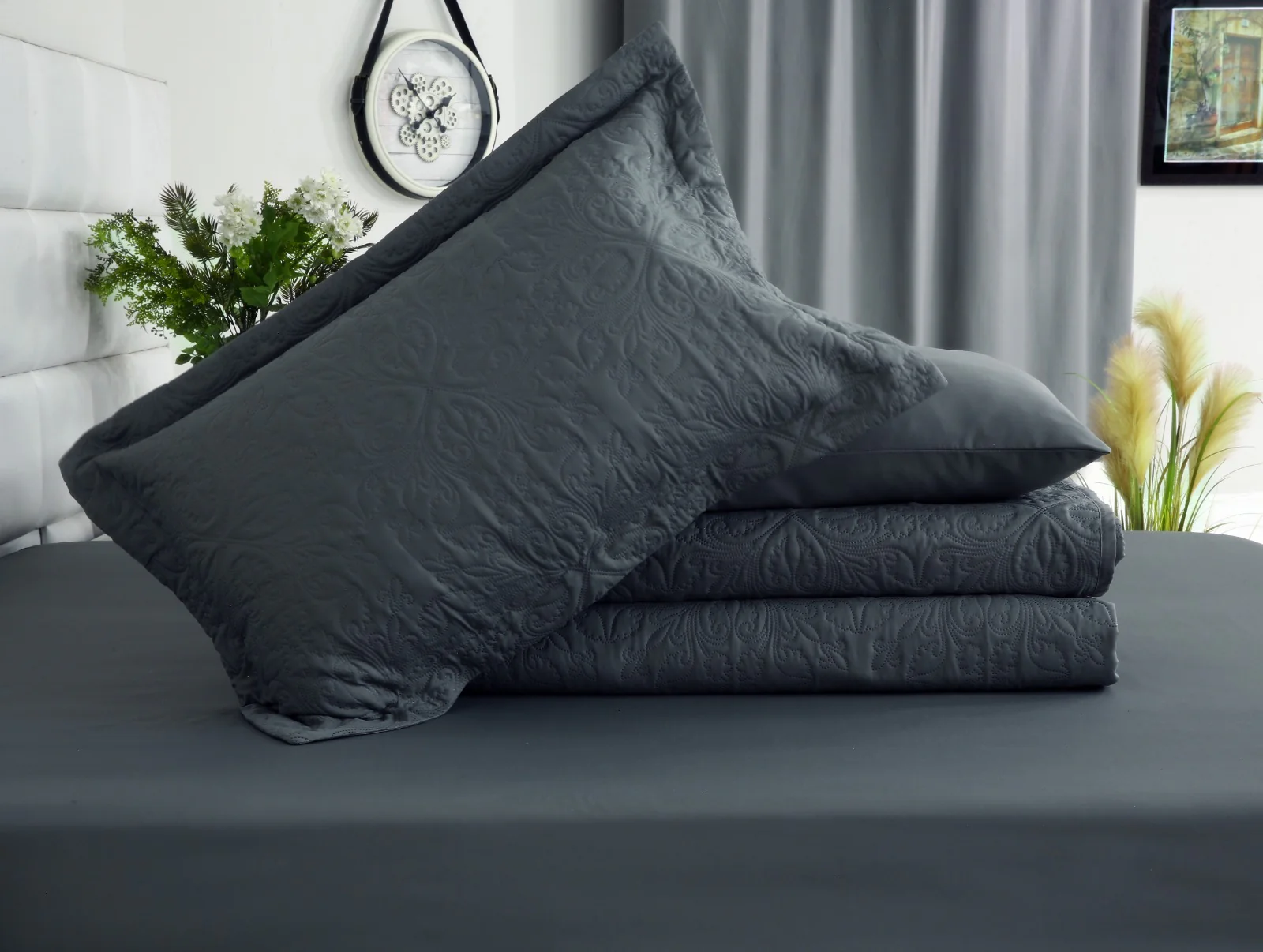 6 PCs Luxury Bed Spread Set-Grey - Image 21