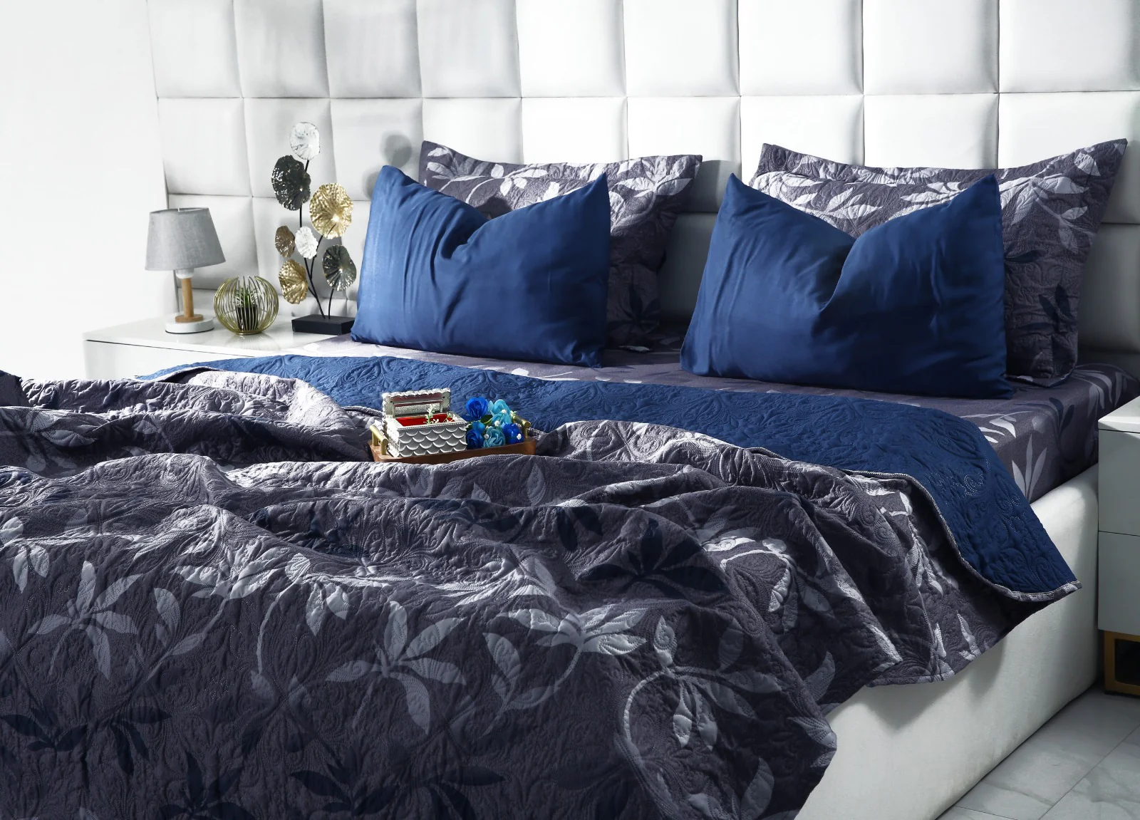6 PCs Luxury Bed Spread Set-Grey Leaf - Image 12