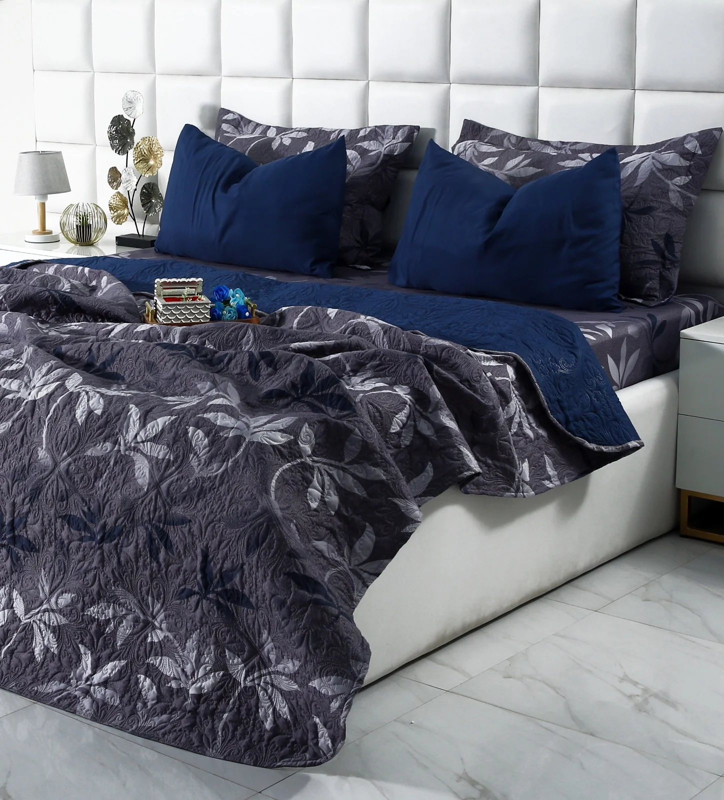 6 PCs Luxury Bed Spread Set-Grey Leaf - Image 6