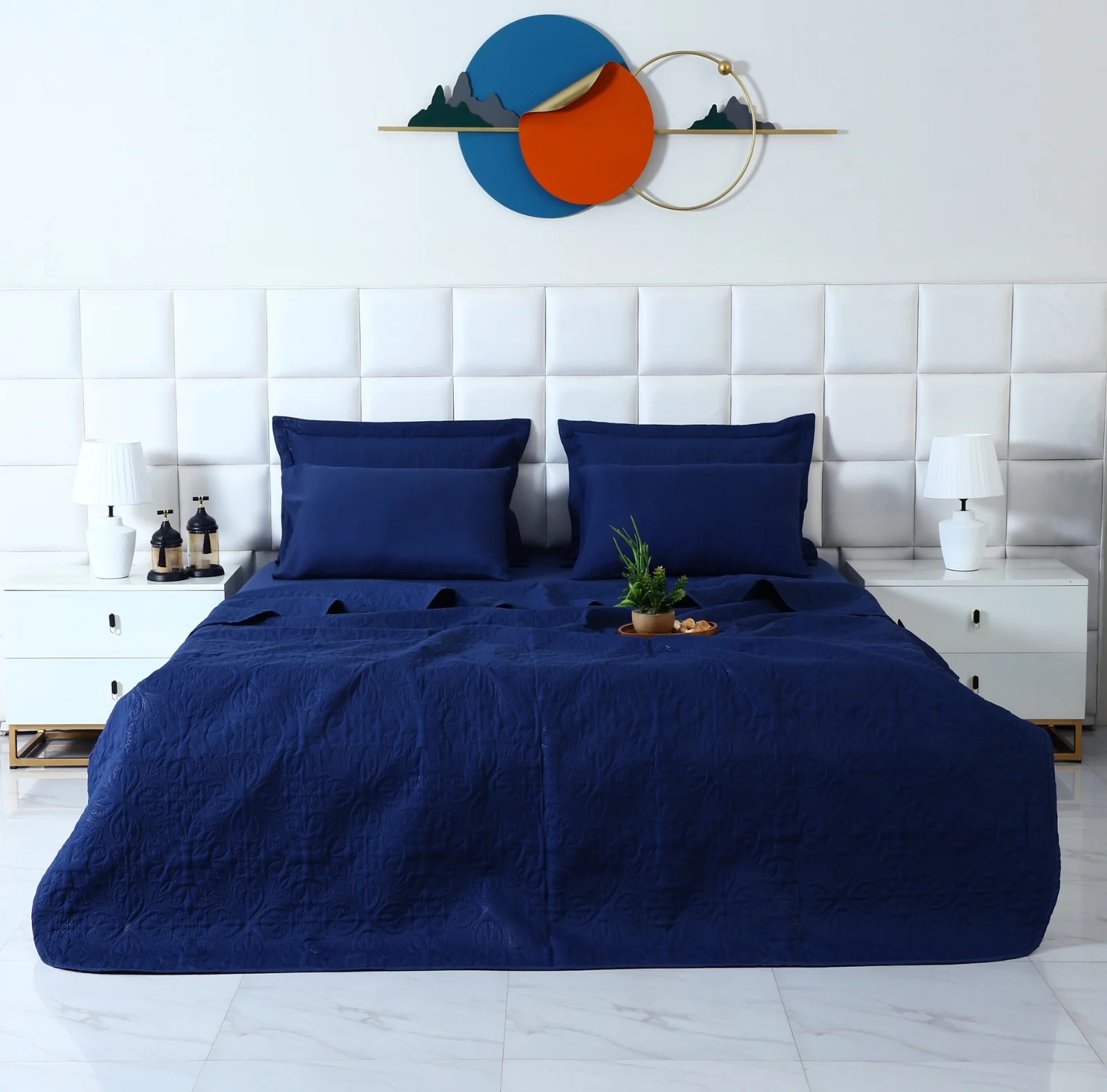 6 PCs Luxury Bed Spread Set-Navy Blue - Image 3