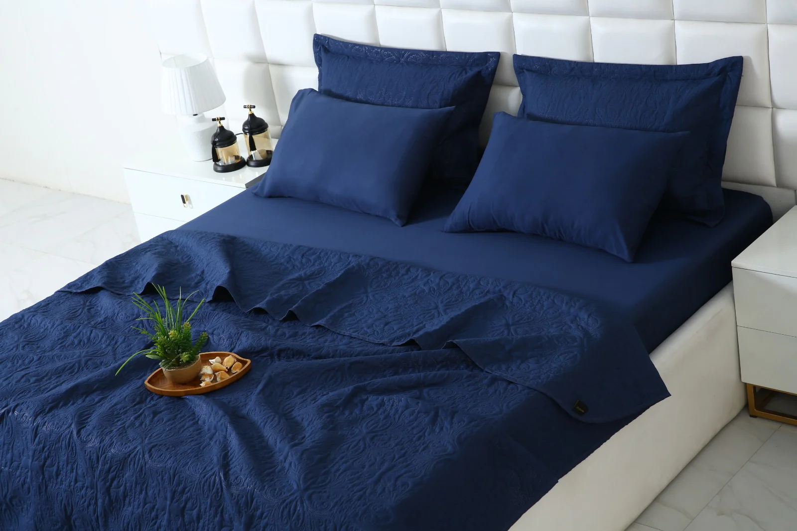 6 PCs Luxury Bed Spread Set-Navy Blue - Image 7