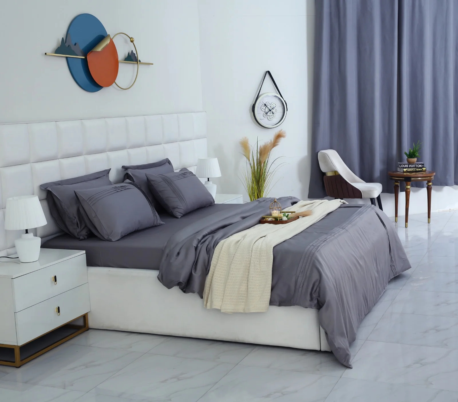 6 PCs Luxury Satin Dyed Duvet Cover Set-Grey - Image 5