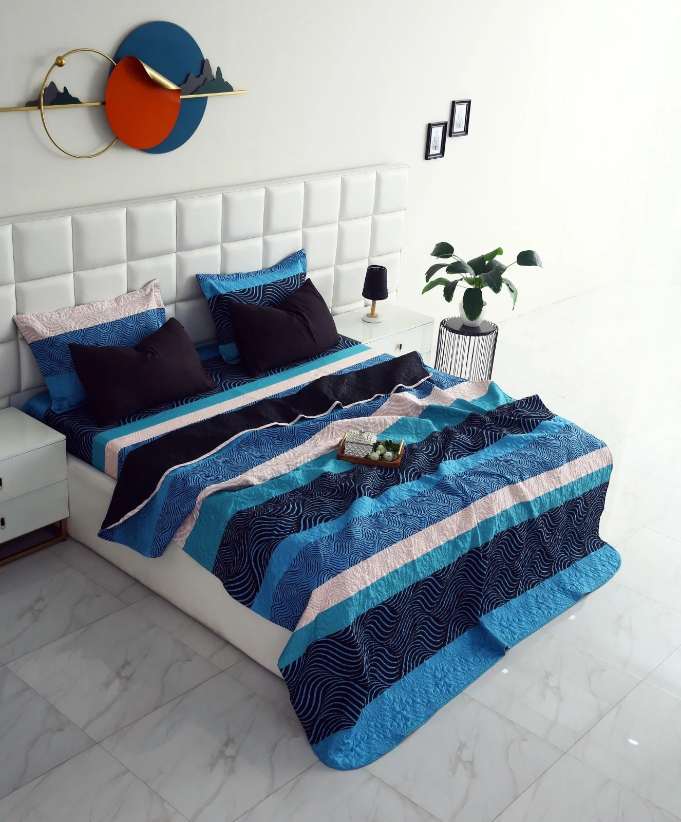 6 PCs Printed Bed Spread Set-Aqua waves