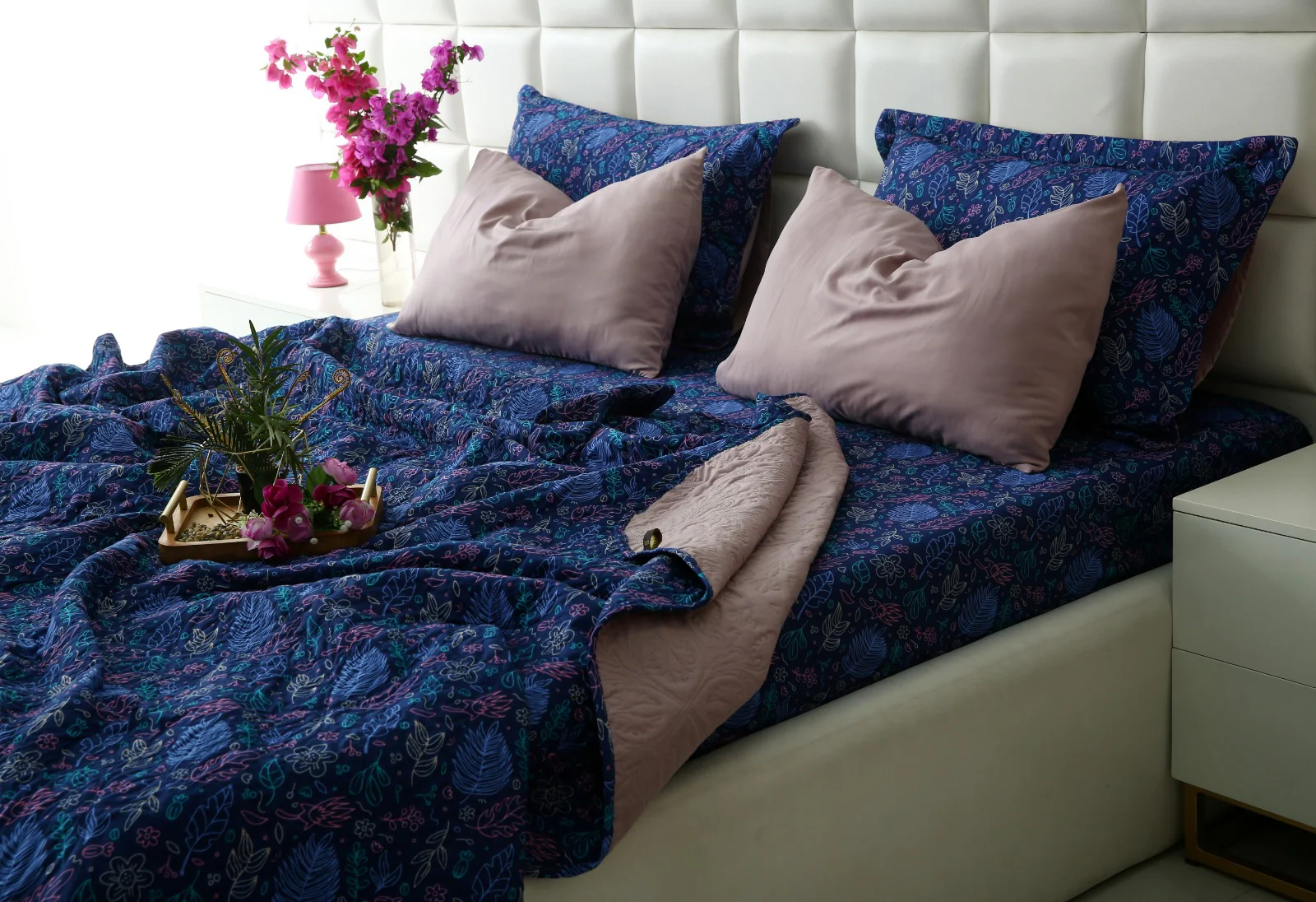 6 PCs Printed Bed Spread Set-Blue Lilly - Image 14