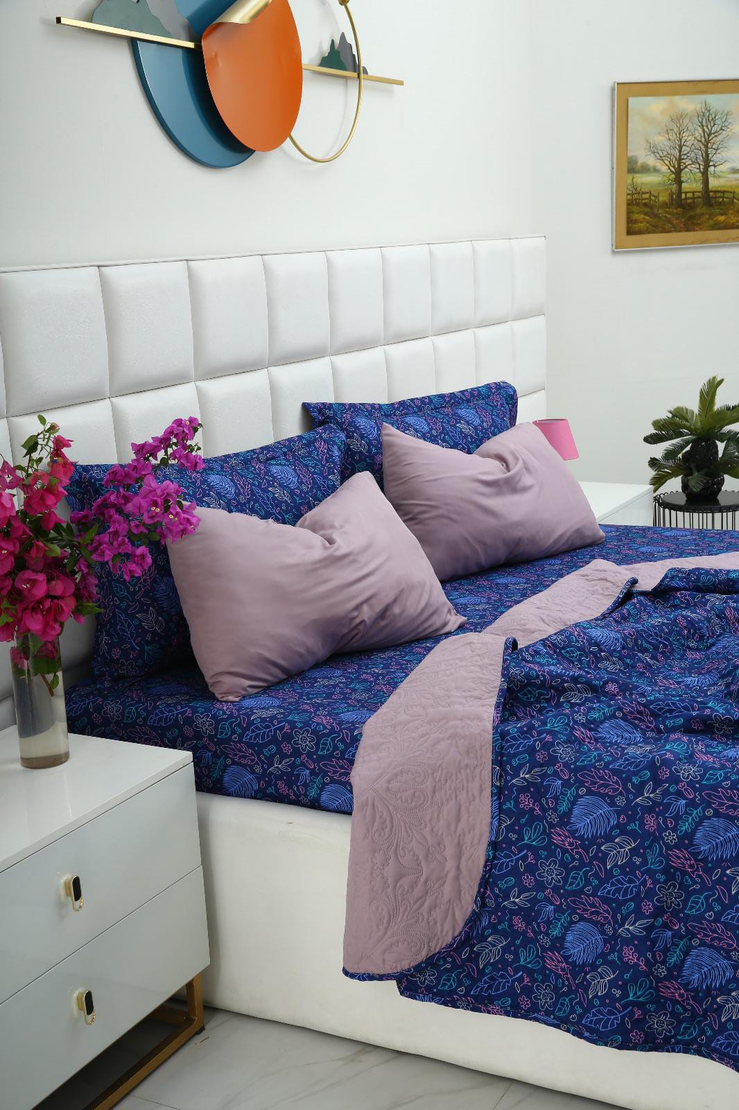6 PCs Printed Bed Spread Set-Blue Lilly - Image 3