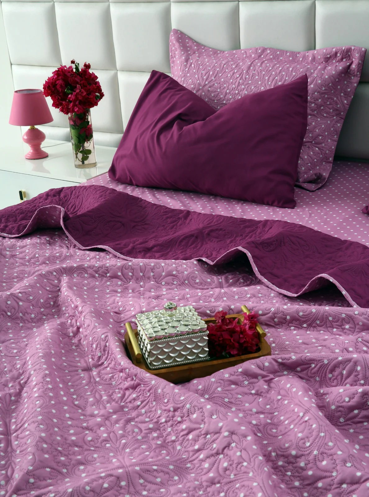 6 PCs Printed Bed Spread Set-Lilac Polka - Image 10