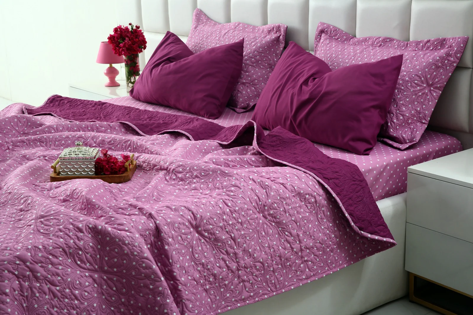 6 PCs Printed Bed Spread Set-Lilac Polka - Image 6