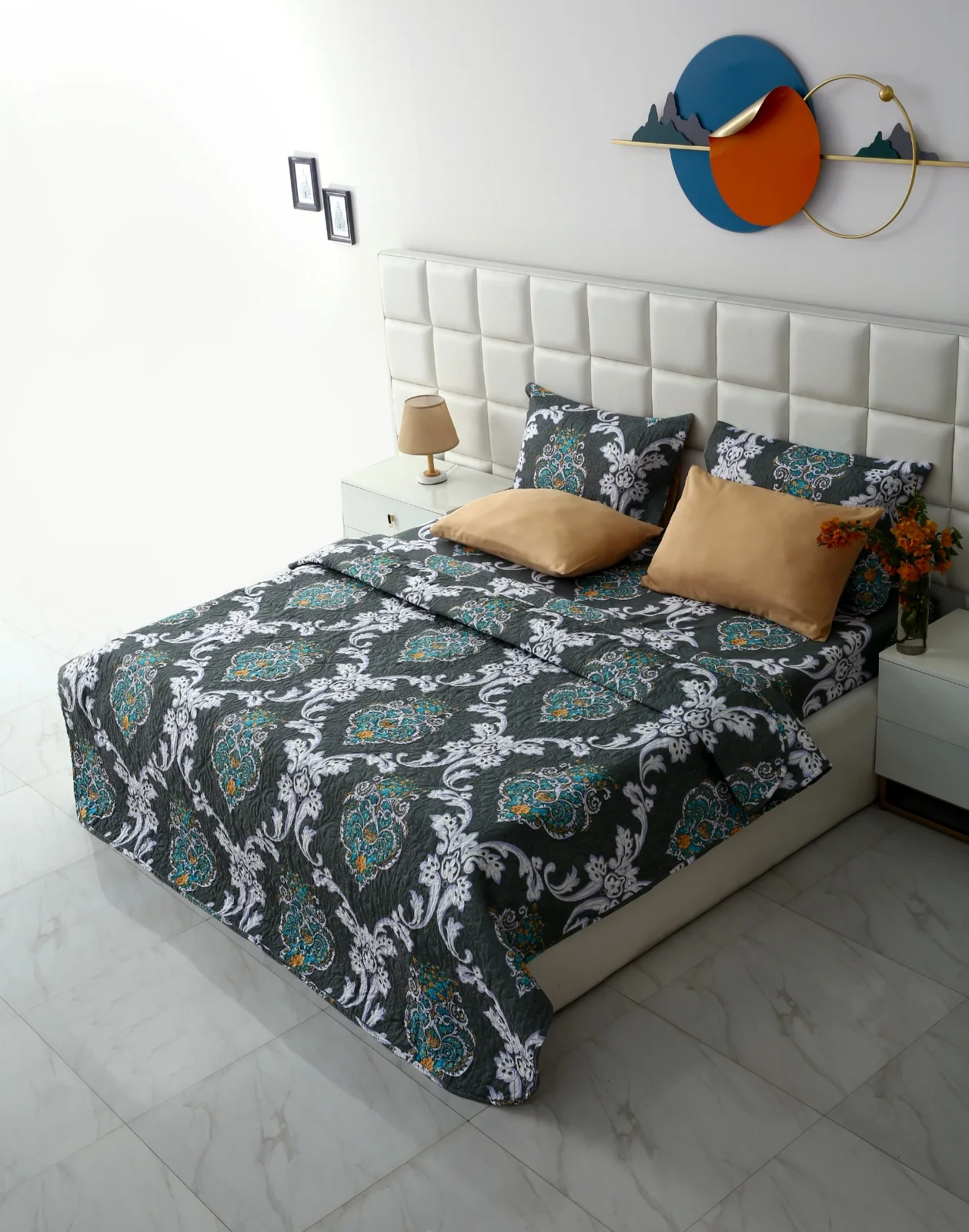 6 PCs Printed Bed Spread Set-Medallion Gold - Image 10
