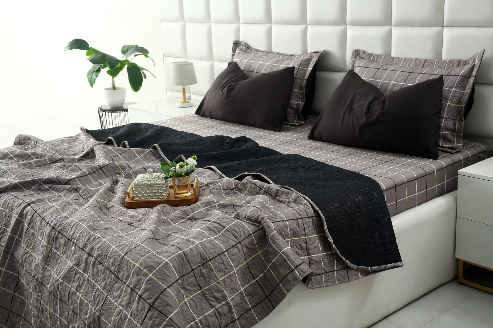 6 PCs Printed Bed Spread Set-Multi Check - Image 5