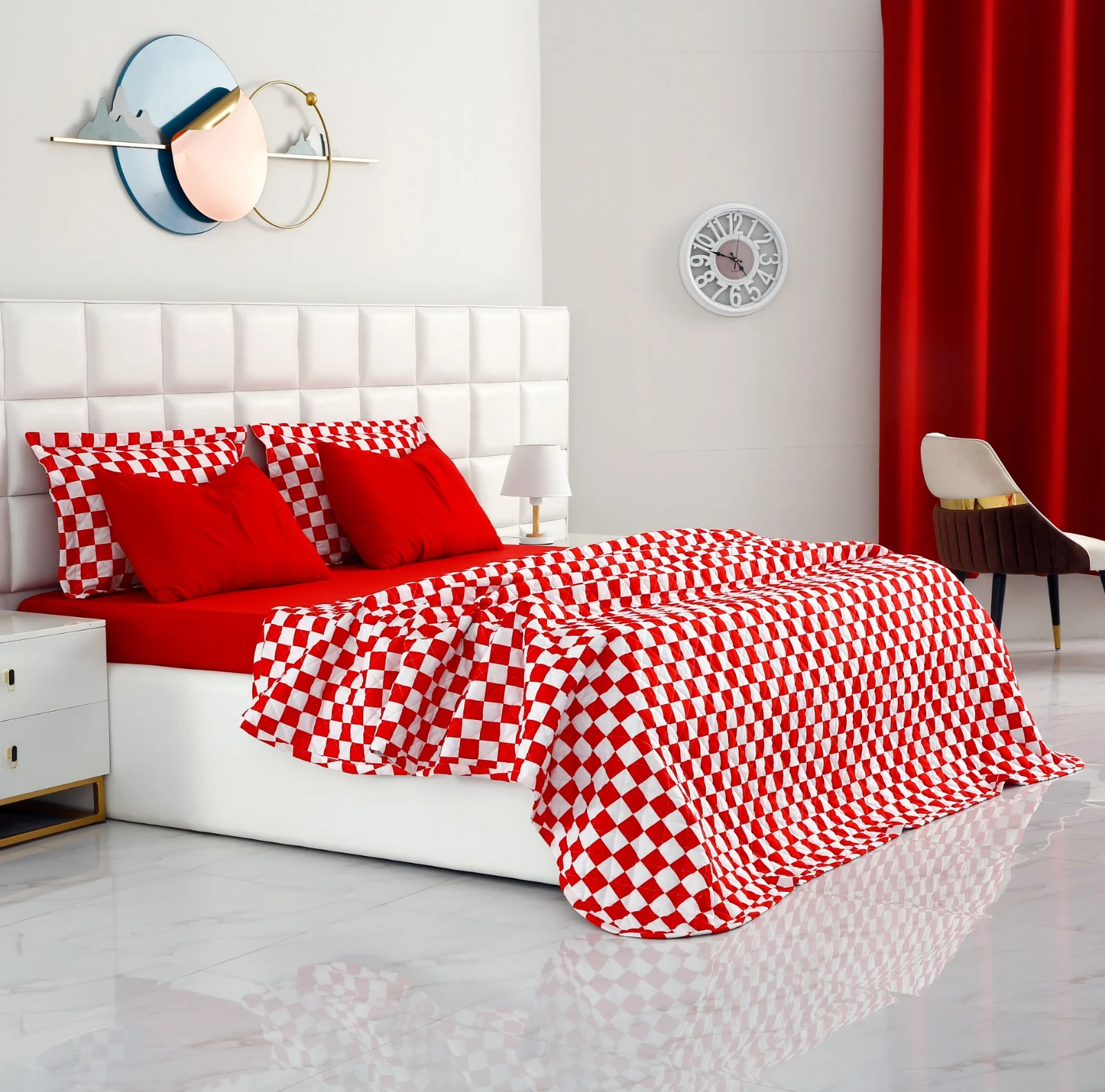 6 PCs Printed Bed Spread Set-Red Chess - Image 12