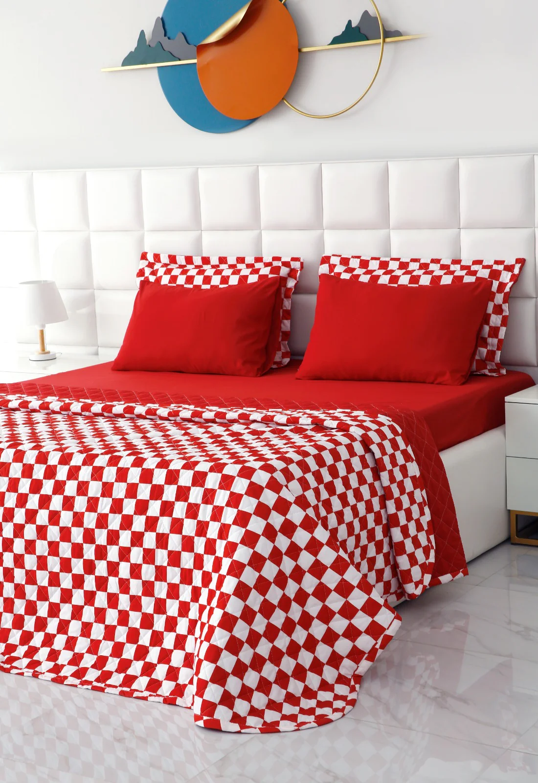 6 PCs Printed Bed Spread Set-Red Chess - Image 16