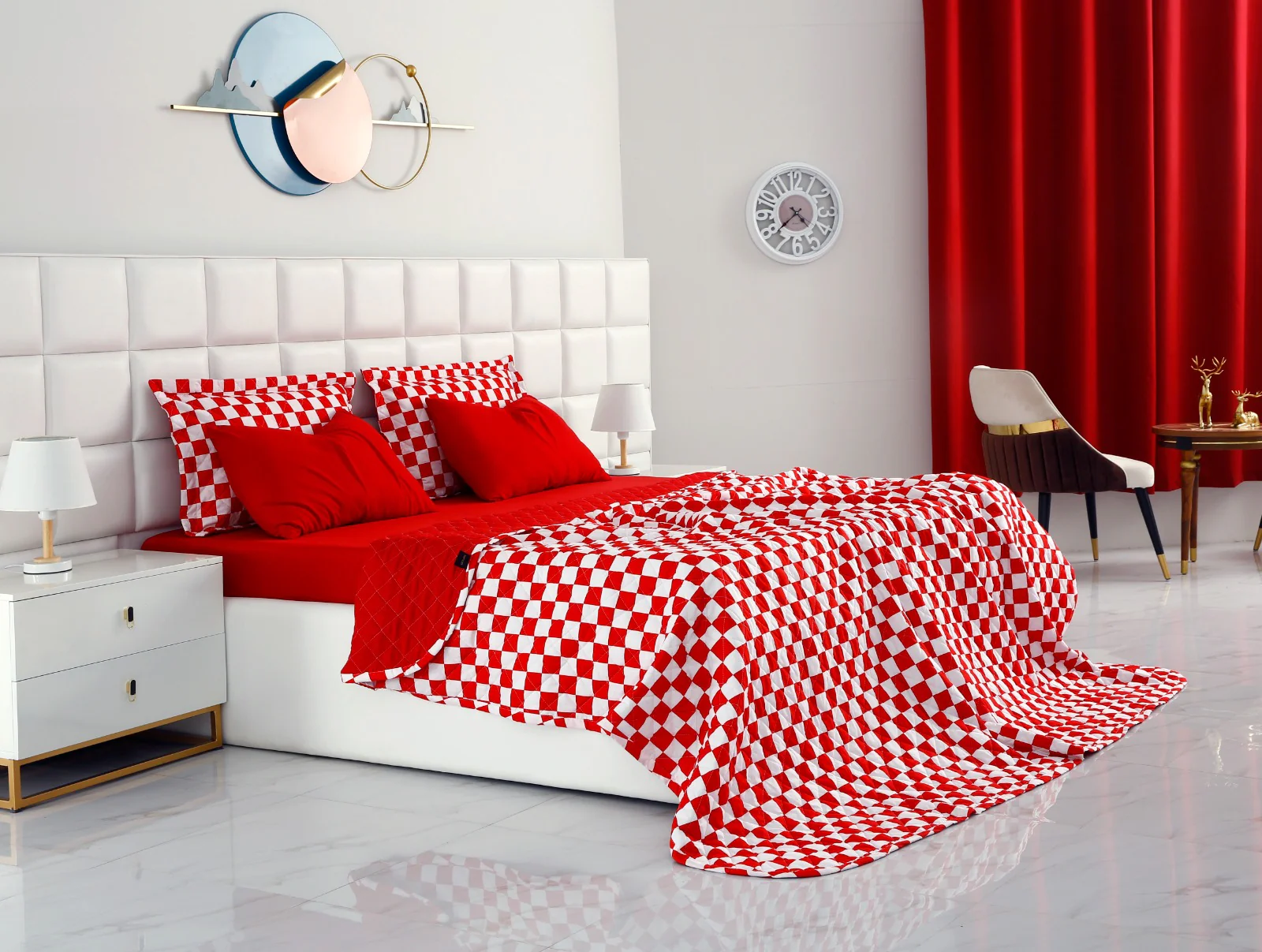 6 PCs Printed Bed Spread Set-Red Chess - Image 7