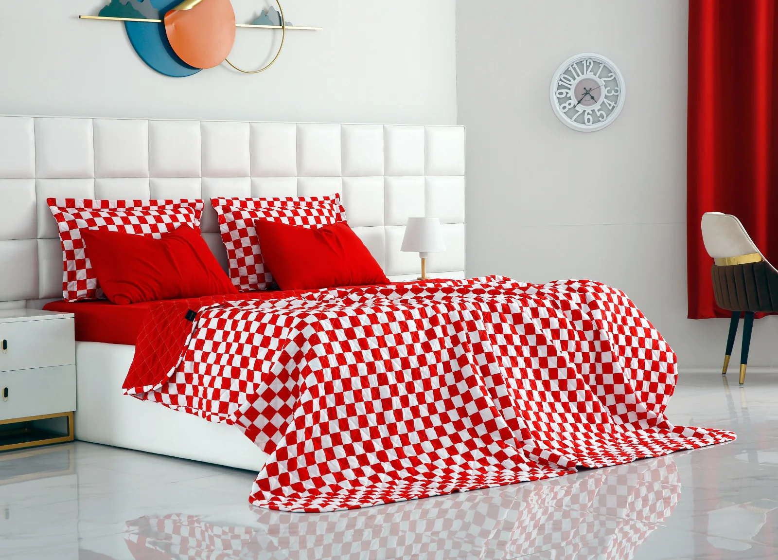 6 PCs Printed Bed Spread Set-Red Chess - Image 8