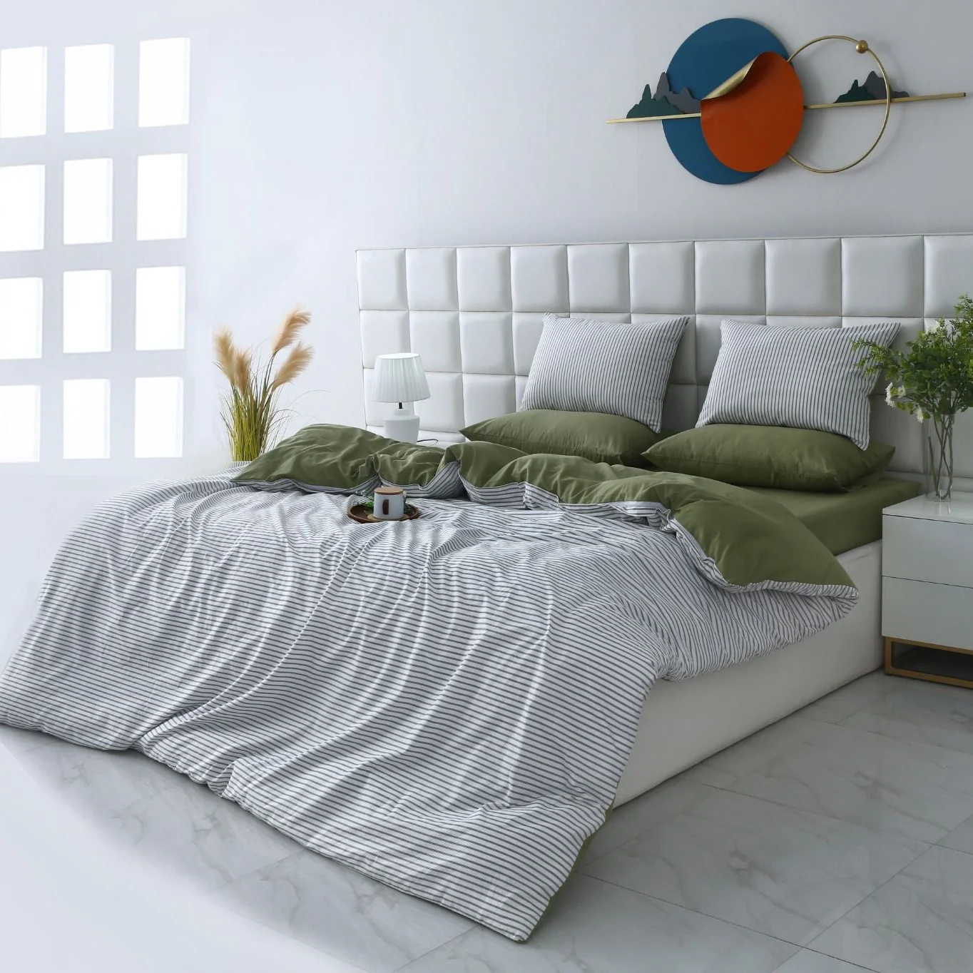 6 PCs Quilt Cover Set-Olive Stripes