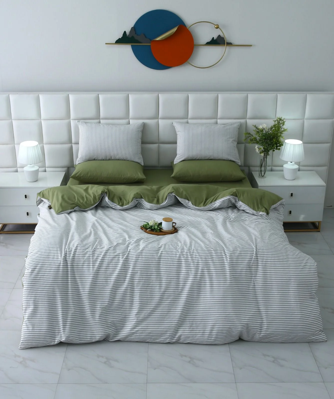 6 PCs Quilt Cover Set-Olive Stripes - Image 2