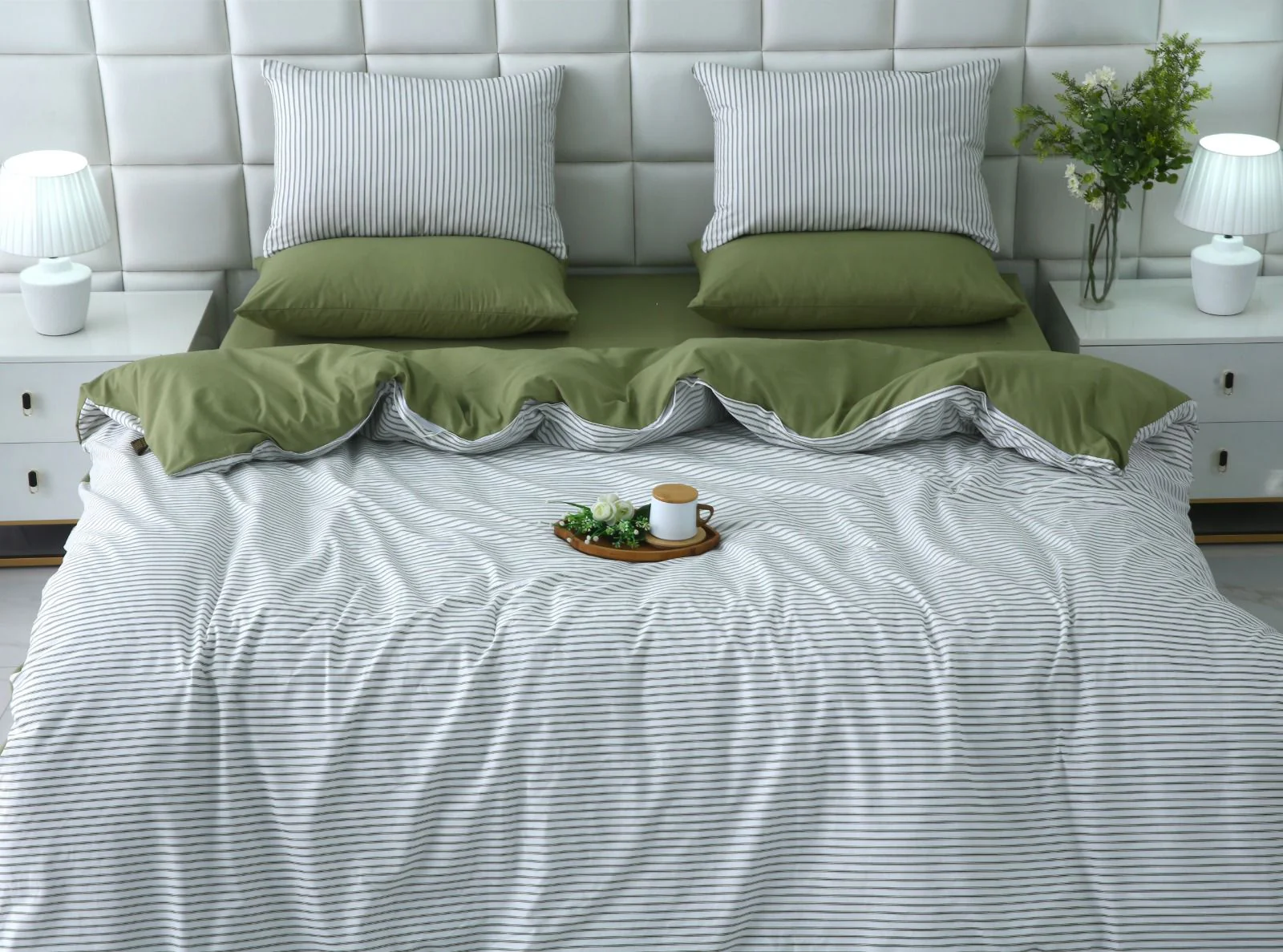 6 PCs Quilt Cover Set-Olive Stripes - Image 3