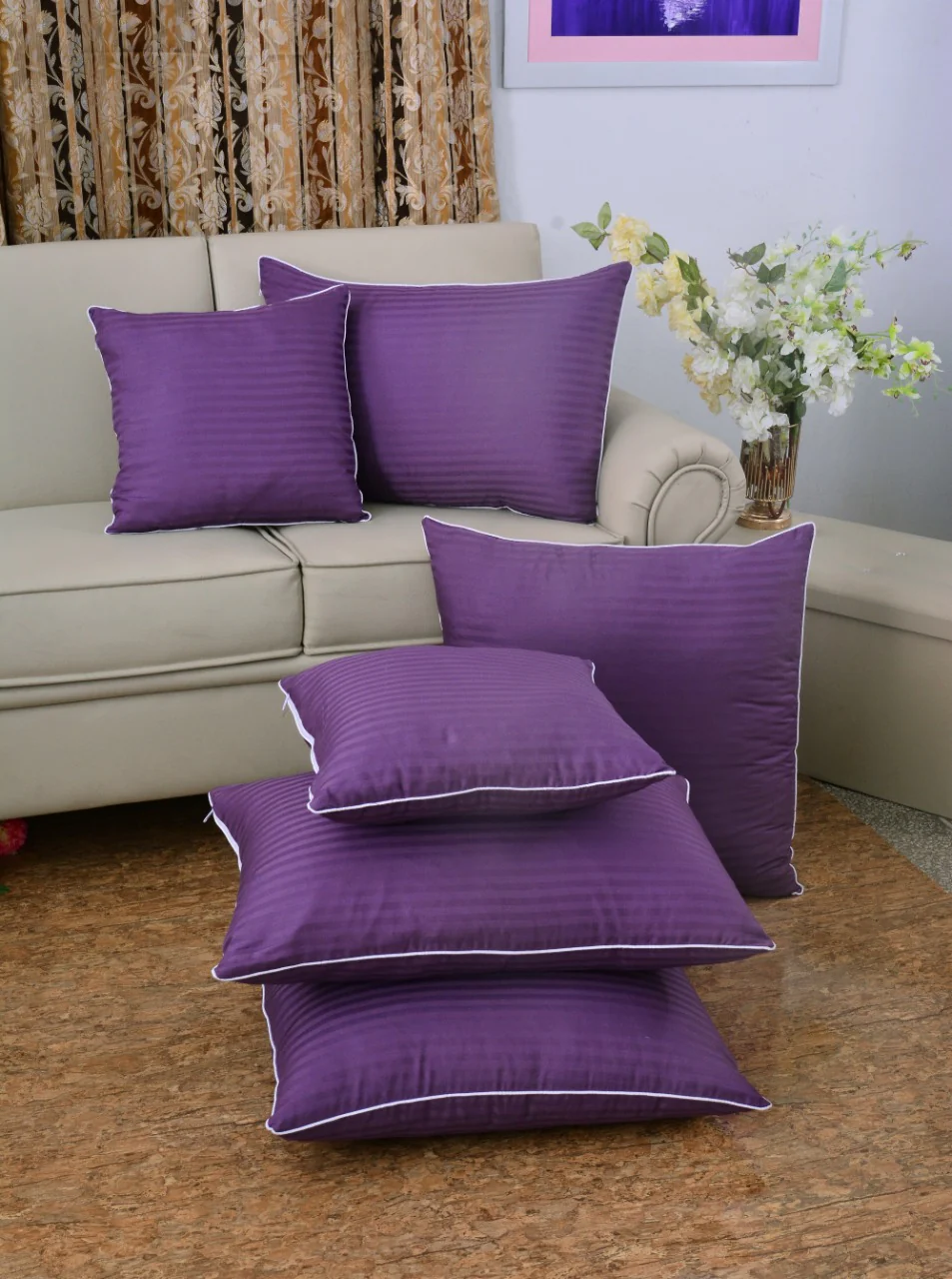 6 PCs Satin Pillows *2 Bed Cushion *2 & Floor Cushion *2 Set-D/Purple - Image 3
