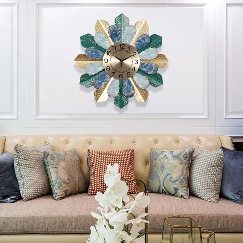 62CM Wall Clock Golden Metallic-Peacock Wings - Image 2