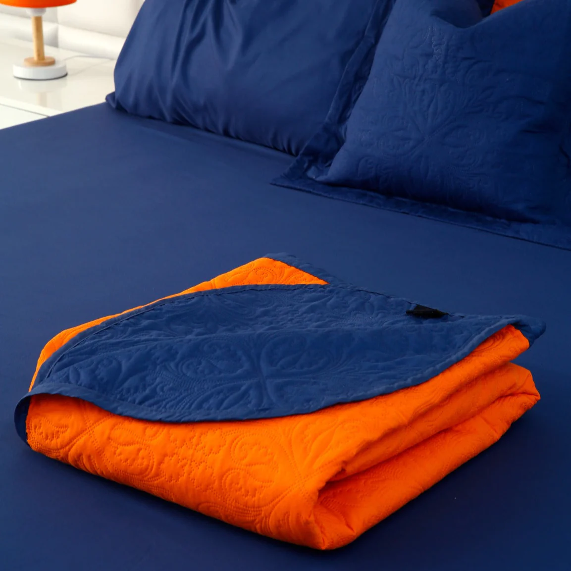 7 PCs Ultrasonic Bed Spread Set-Navy Blue over Orange - Image 3