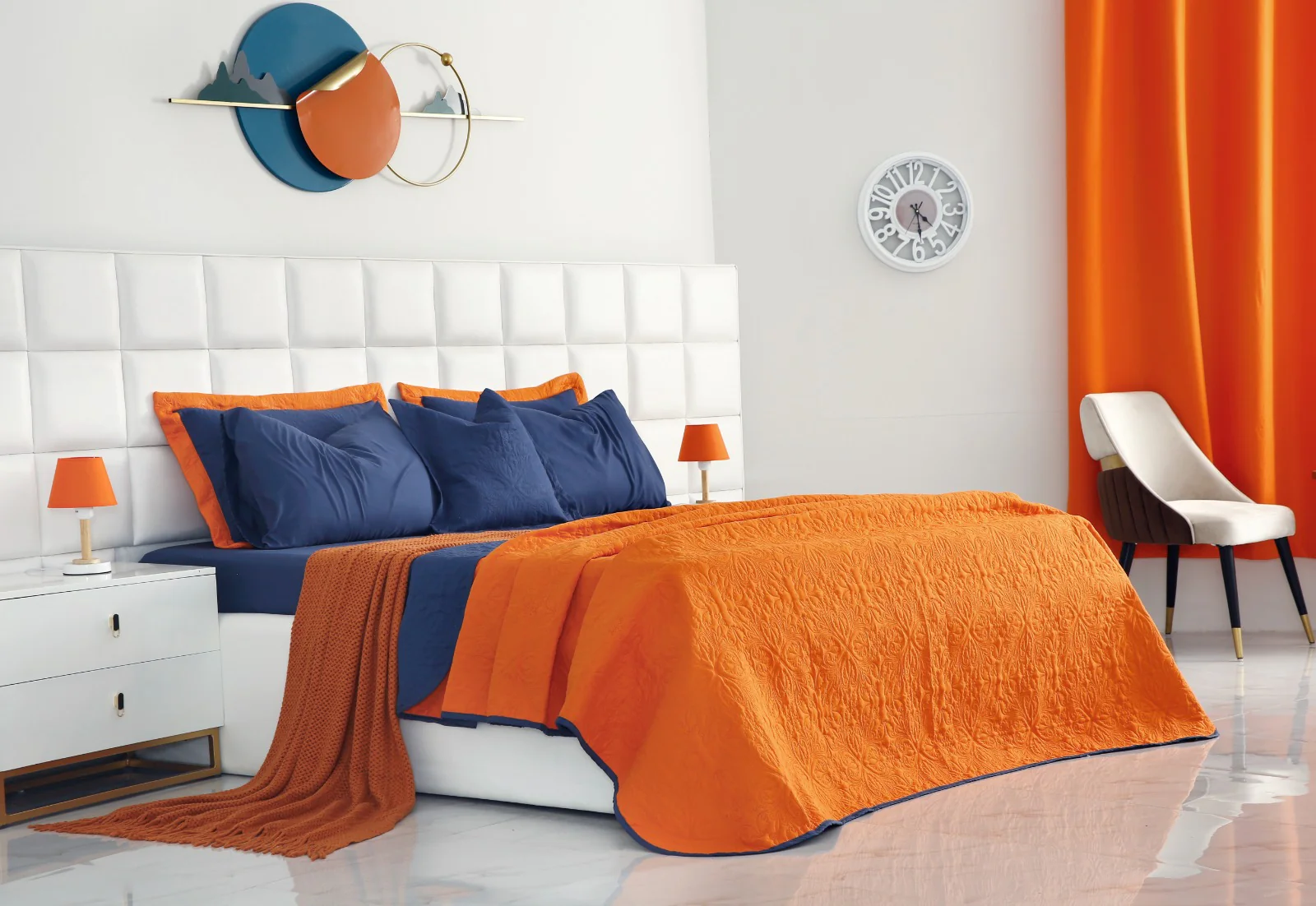 7 PCs Ultrasonic Bed Spread Set-Navy Blue over Orange - Image 4