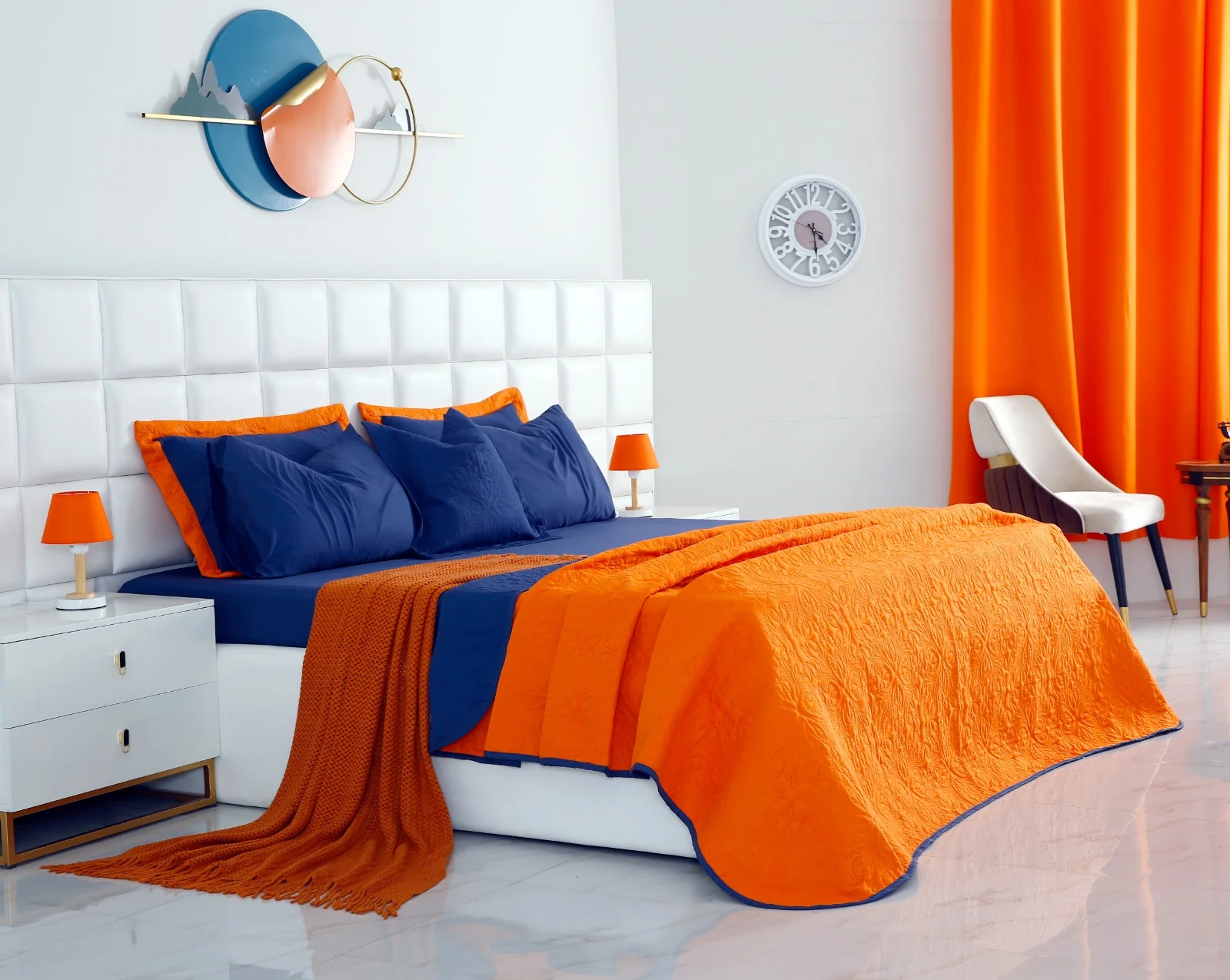 7 PCs Ultrasonic Bed Spread Set-Navy Blue over Orange - Image 5