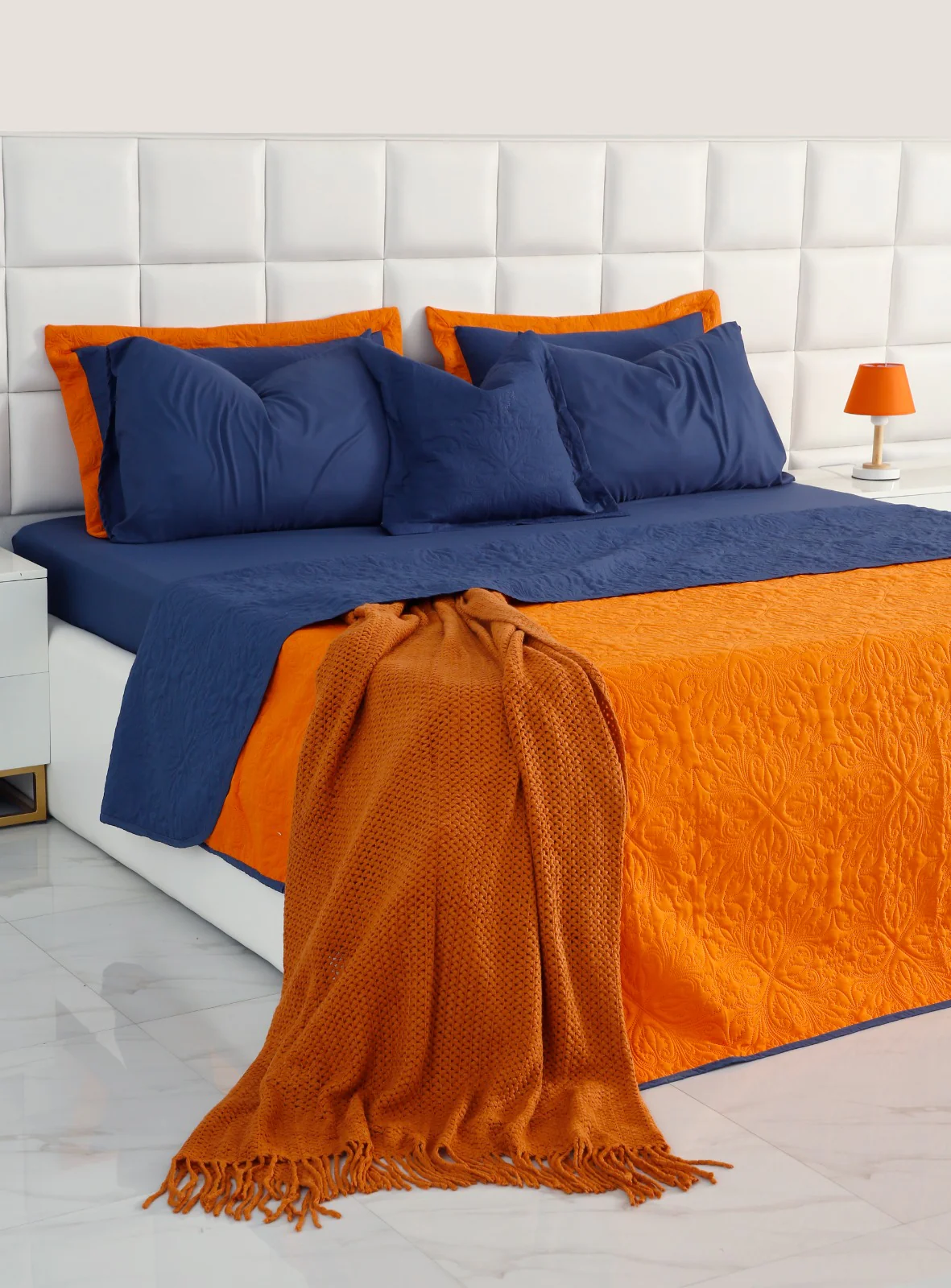 7 PCs Ultrasonic Bed Spread Set-Navy Blue over Orange - Image 7