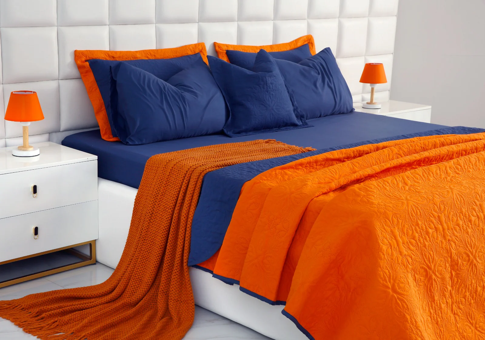 7 PCs Ultrasonic Bed Spread Set-Navy Blue over Orange - Image 8