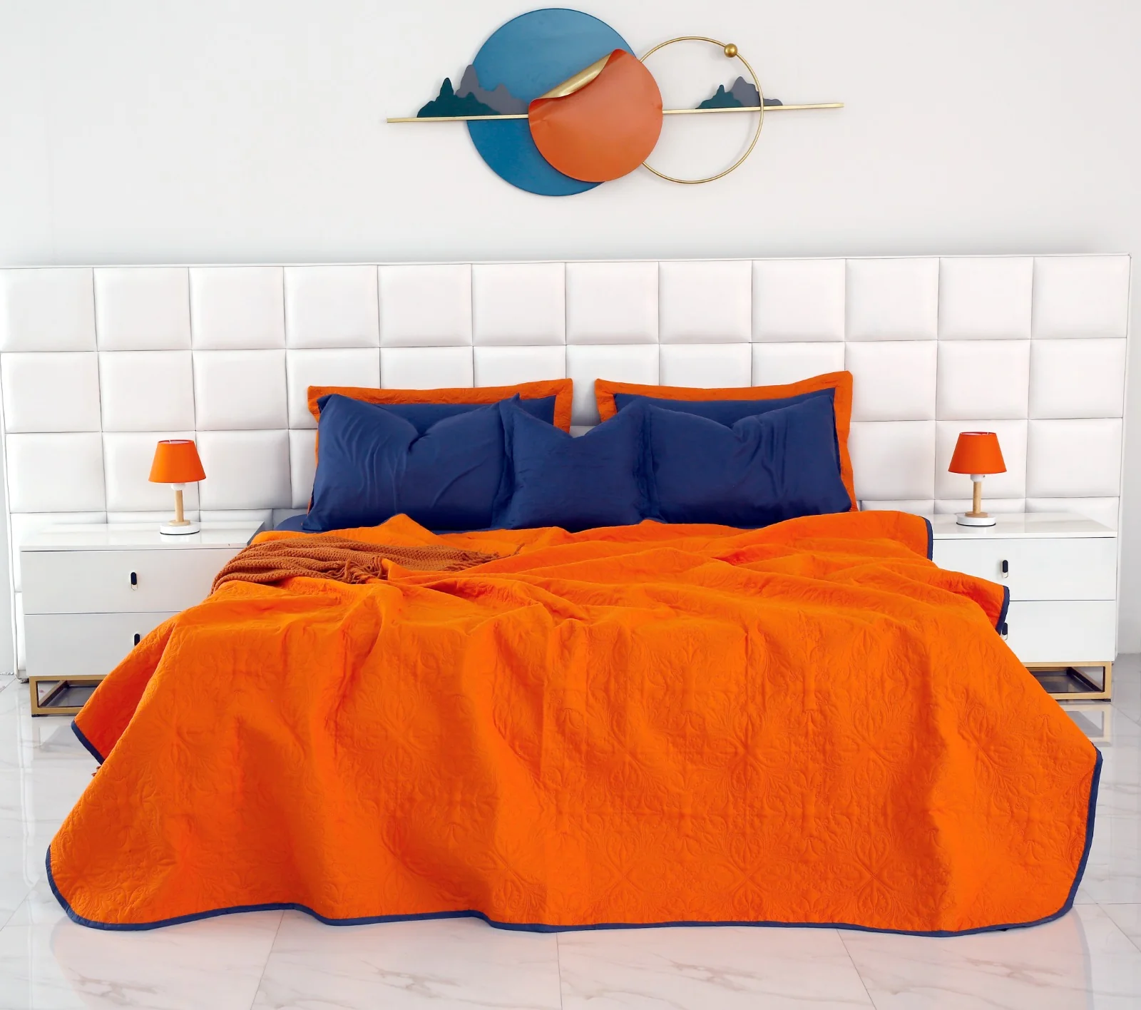 7 PCs Ultrasonic Bed Spread Set-Navy Blue over Orange - Image 9