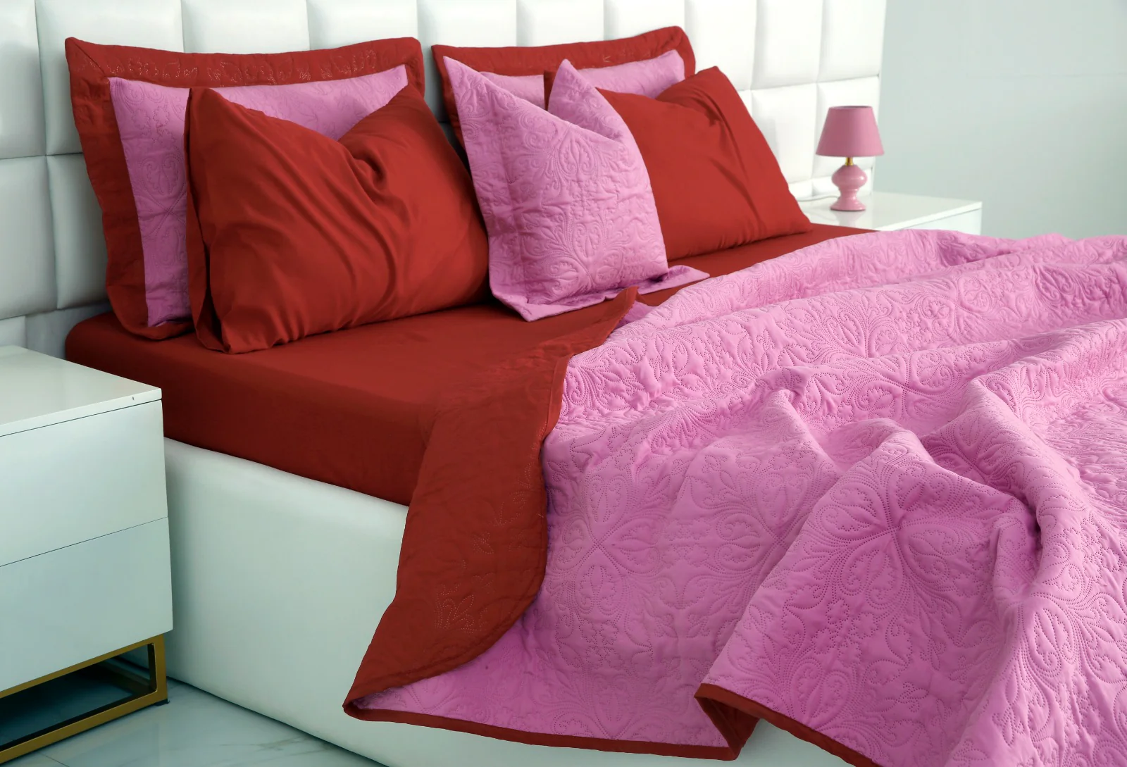 7 PCs Ultrasonic Bed Spread Set-Red over Lilac - Image 6